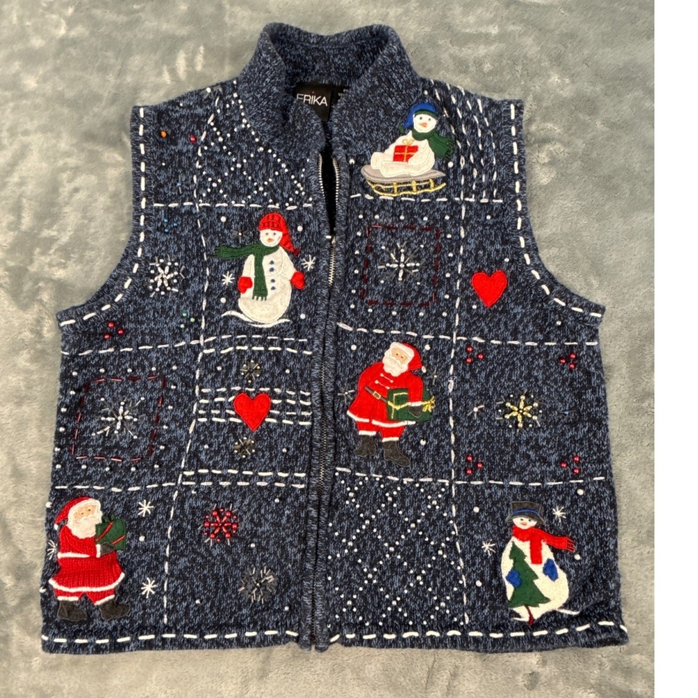 Erika Petite Blue Ugly Christmas Zip Up Knit Vest Santa Snowman Beaded PL‎